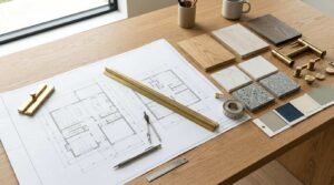 Architectural floor plan blueprint on a wooden desk surrounded by material samples, paint swatches, brass hardware, scale ruler, and drafting tools