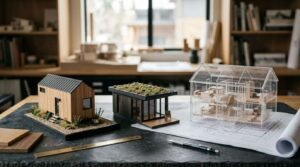 Three architectural scale models including a wooden tiny home, a green-roof modern structure, and a transparent acrylic house model on an architect's desk with blueprints