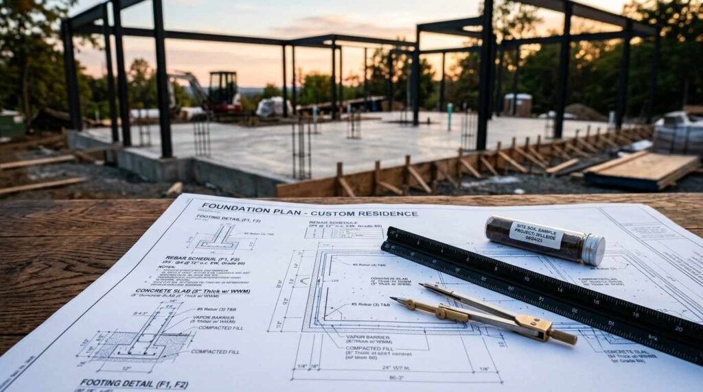 Foundation plan blueprint for a custom residence with drafting tools and a soil sample vial on a wooden table overlooking a concrete slab foundation with steel framing at sunset