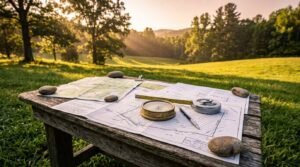 Topographical land survey maps and site blueprints weighted down with smooth stones on a rustic wooden table, featuring a vintage brass compass, pencil, and tape measure overlooking a sunlit rural valley
