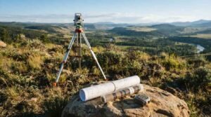 A digital total station surveyor transit on a tripod set upon a grassy hilltop overlooking a mountain river valley, with rolled topographic map plans, a soil core sample tube, and a measuring tape resting on a boulder