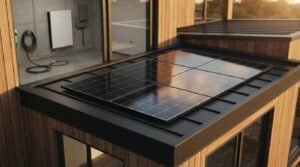 Rooftop monocrystalline solar panels mounted on a black standing seam metal roof of a modern timber-clad prefab home, with a view into an adjacent utility room featuring a wall-mounted energy storage battery and EV charger