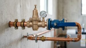 Brass water pressure reducing valve with a dial pressure gauge and a blue flanged main shutoff ball valve installed on a copper pipe against a concrete wall
