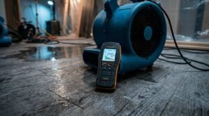 A digital moisture meter displaying a wet reading of 24.5% sitting on a water-damaged wood floor next to a blue commercial air mover fan during water damage restoration