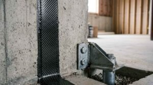 A vertical high-tensile carbon fiber reinforcement strap bonded with epoxy to a poured concrete foundation wall beside a heavy-duty galvanized steel base bracket and anchor bolt