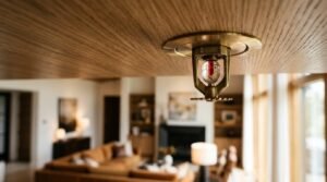 Brass pendant fire sprinkler head with a red glass bulb mounted on a wood-plank ceiling above a modern living room