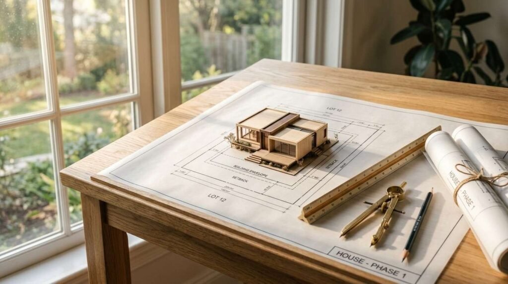 Architectural scale model of a modern wooden home set on a lot site plan blueprint with a brass compass, triangular scale ruler, pencil, and rolled blueprints on a sunlit oak desk