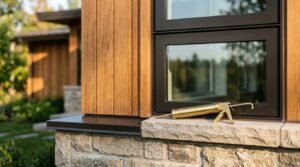Brass caulking gun resting on a stone window sill below a black-framed window on a modern house exterior with vertical wood siding