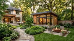 A modern detached backyard ADU with vertical timber siding and floor-to-ceiling glass windows, set beside a flagstone garden path, fire pit lounge area, and a large stone primary residence
