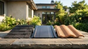 Three roofing material samples featuring dark architectural asphalt shingles, standing seam metal panel, and terracotta clay barrel tile displayed side-by-side on a stone table outside a modern home