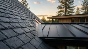 Close-up of a roof transition showing black slate shingles joining with a dark standing seam metal roof and copper flashing