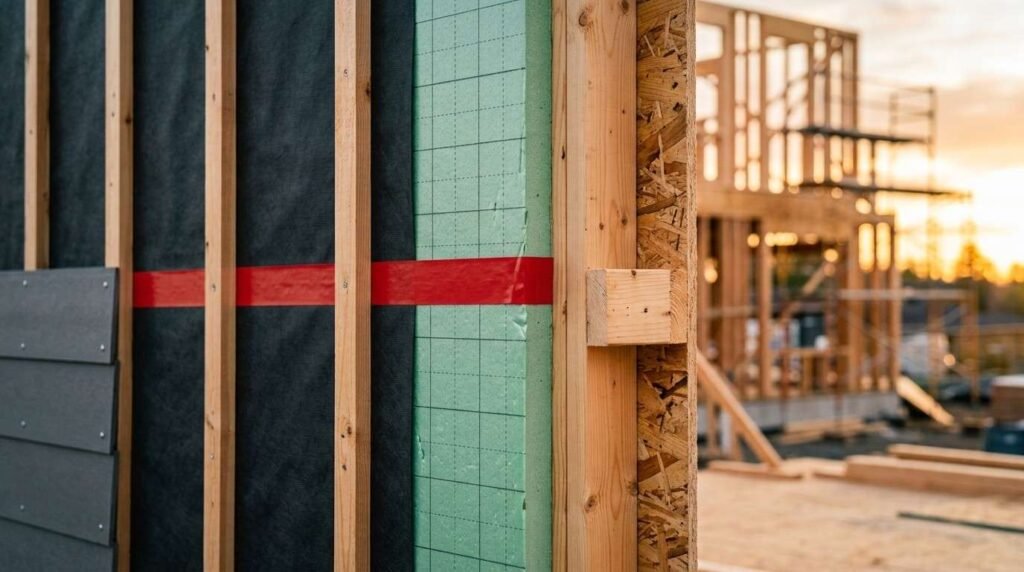 Cross-section detail of a rainscreen wall assembly showing grey siding, vertical wood furring strips, weather-resistive barrier, rigid green foam insulation board, OSB sheathing, and wood stud framing