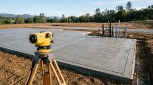 Optical level surveying tool mounted on a wooden tripod in front of a freshly poured concrete slab foundation with utility conduit pipes at a construction site