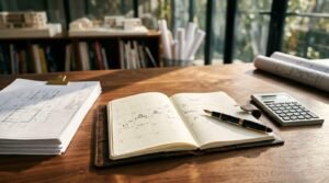 An open daily planner with handwritten schedule notes and a black-and-gold fountain pen on a wooden desk, surrounded by building blueprints, a calculator, and architectural models