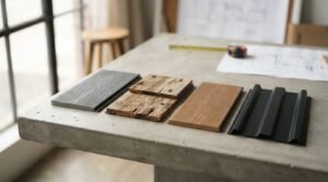 A curated row of exterior architectural siding samples—including dark grey composite plank, weathered rustic barn wood, stained natural cedar siding, and matte black ribbed metal paneling—arranged on a concrete work table