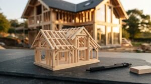 Miniature wooden scale model of a timber-framed house sitting next to a drafting pencil, with a full-size wood house framing project blurred in the background