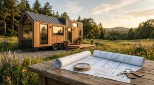 Rolled "TINY HOUSE PLAN v3" architectural schematics weighted down by a brass compass and house keys on an outdoor timber picnic table overlooking a modern cedar and charcoal metal tiny house on wheels in a sun-drenched wildflower meadow backed by evergreen hills