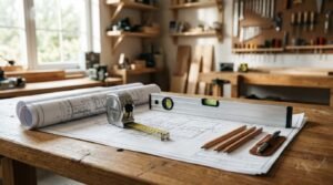Unrolled architectural blueprint floor plans on a rustic solid timber workshop bench, weighted with a metal tape measure, an aluminum spirit level, three wooden carpenter pencils, and a technical drafting pen in a leather sheath inside a bright woodworking joinery workshop