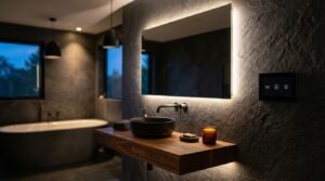 Modern dark slate bathroom featuring an LED backlit mirror over a floating wood vanity, black vessel sink, smart digital control panel, and freestanding soaking tub