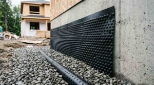 Black dimpled drainage foundation membrane attached to a poured concrete wall above a perforated drain pipe set in crushed gravel at a residential construction site