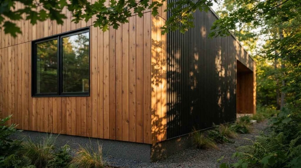 An exterior corner view of a modern prefab home combining vertical warm wood plank siding, matte black corrugated metal cladding, and a black-framed window surrounded by lush forest landscaping