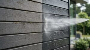 A pressure washer spray nozzle cleaning dark grey horizontal composite siding, showing a stark split between the dirty, dust-covered surface and the clean, wet boards