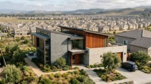 Aerial view of a unique modern custom home with wood, concrete, and stone finishes, standing out against a dense neighborhood of suburban tract homes