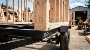 A close-up view of wooden wall framing secured with heavy-duty bolts and metal connector plates onto a black steel trailer chassis at an outdoor construction workshop