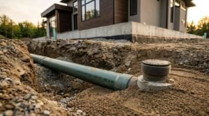 A green PVC sewer pipe and threaded sewer cleanout access point laid in an excavated gravel trench running toward a concrete home foundation