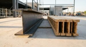 A structural steel I-beam lying parallel to a stack of engineered wood I-joists on a concrete slab at an active commercial construction site