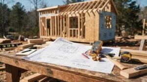 Architectural blueprints titled 'The Aspen Tiny Home' laid out on an outdoor wooden workbench with construction tools, a digital multimeter, hammer, and tape measure in front of an active timber framing build