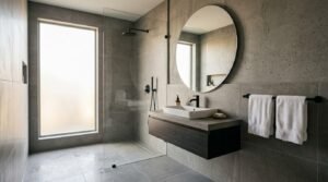 A modern minimalist bathroom featuring a floating dark wood vanity with a vessel sink, large round mirror, concrete-look walls, matte black fixtures, and a walk-in glass shower enclosure next to a frosted window