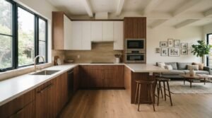 A modern open-concept kitchen and living room featuring two-tone walnut and white flat-panel cabinetry, a travertine backsplash, a breakfast bar with wooden stools, and an adjacent sunlit living space with a grey sofa