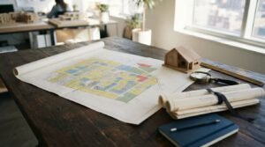 A color-coded city zoning map unrolled on a dark wood table beside a miniature wooden house model, vintage magnifying glass, rolled blueprints, and a notebook in an architecture studio