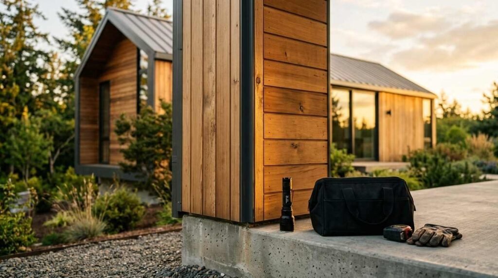 A building inspector's canvas tool bag, high-powered flashlight, tape measure, and leather work gloves resting on a concrete patio slab during an exterior inspection of modern wood-clad prefab cabins