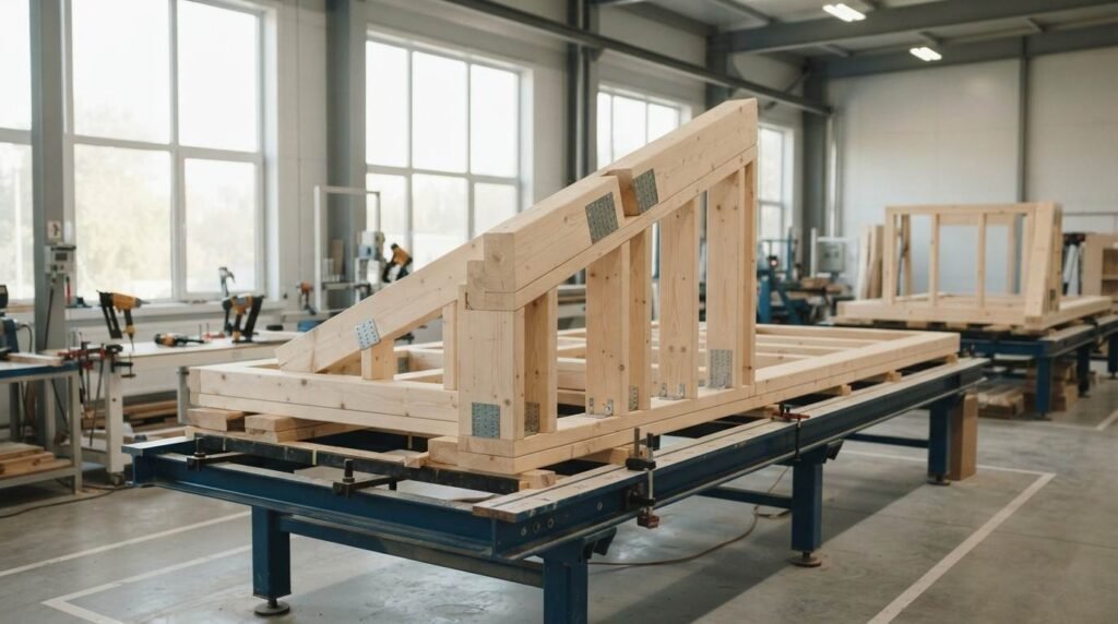 A prefabricated angled timber wall frame secured with steel gusset plates on an assembly table inside an offsite construction factory