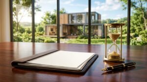 A brass hourglass, open luxury fountain pen, and blank document folder on a polished wood desk overlooking a modern modular timber house through floor-to-ceiling windows