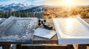 A split-climate demonstration on an outdoor wooden table comparing frost-covered black asphalt roofing membrane in snowy mountains against reflective white TPO cool roof membrane in sunny desert heat, with an anemometer and weather map