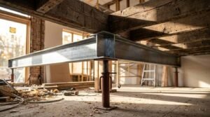 A heavy-duty steel I-beam supported by an adjustable screw jack post shoring up original exposed timber floor joists during a home renovation