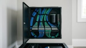 A wall-mounted structured media enclosure featuring neatly bundled and labeled blue and green Ethernet cables terminated into a patch panel alongside a network router and switch
