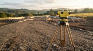 A yellow optical transit level mounted on a wooden tripod with a suspended plumb bob overlooking a residential foundation excavation and formwork at a rural construction site