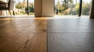 Seamless flush transition between wide-plank light oak hardwood flooring and large-format grey slate porcelain tile in an open-concept interior