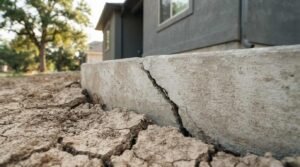 A deep diagonal settlement crack running through an exposed concrete foundation slab surrounded by severely dry, cracked expansive clay soil outside a modern home