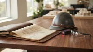 A contractor's leather folder open to architectural blueprints on a walnut conference table, beside a vintage hard hat, safety glasses, and an active digital laser measure projecting a red line