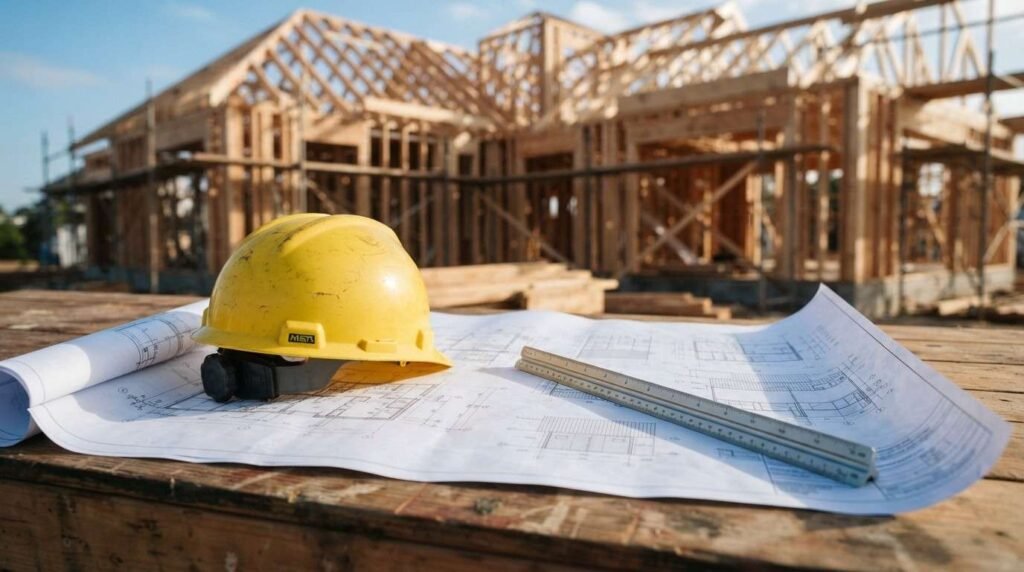 Yellow hard hat and an architectural scale ruler resting on unrolled blueprints at an active residential house construction site