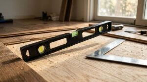 A black spirit level and a steel framing square resting on an exposed plywood subfloor during a hardwood floor installation and leveling project