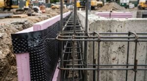 A steel rebar reinforcement cage alongside rigid pink foam insulation and a black dimpled waterproofing drainage membrane next to a poured concrete foundation wall on a construction site