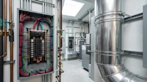An open electrical breaker panel with neatly routed color-coded wiring next to copper plumbing pipes and a large galvanized HVAC duct in a mechanical room