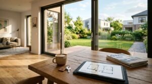 Steaming coffee mug, house key with wooden keychain, tablet displaying floor plans, and architecture magazines on a wooden table overlooking a sunlit green backyard