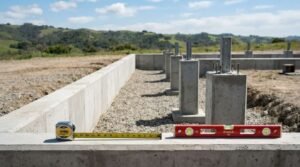 A poured concrete stem wall and pier crawl space foundation under construction on a hillside lot, featuring heavy-duty steel post brackets, gravel fill, an extended Stanley tape measure, and a red Stabila spirit level
